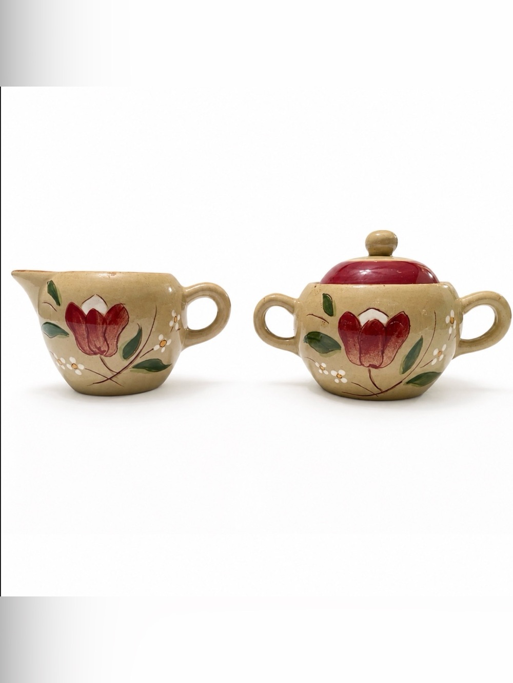 Stangl Pottery 'Magnolia' Lidded Sugar Bowl & Creamer Set Mid Century Modern